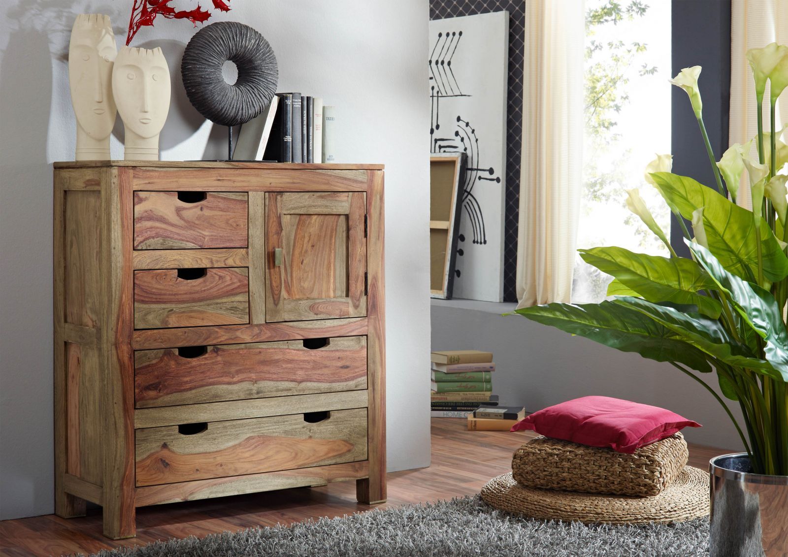 Kommode Highboard Schrank natur Massivholz Sheesham Palisander grau 88x38x100cm