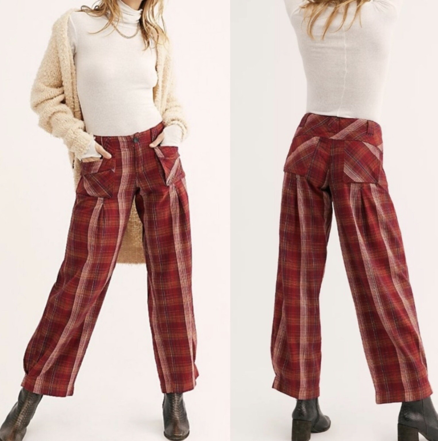  Широкие брюки Free People Birch в клетку с красным принтом, плиссированные, с большими карманами, 2 шт.