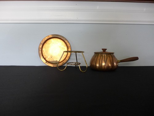 Duoro Copper Fondue Pot Set Tin Lined Wood Handle Vintage BM Portugal Tray Stand - Picture 5 of 10