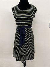 NWT Ann Taylor Dress Fit And Flare Navy & Yellow Striped Belted Womens Small FS