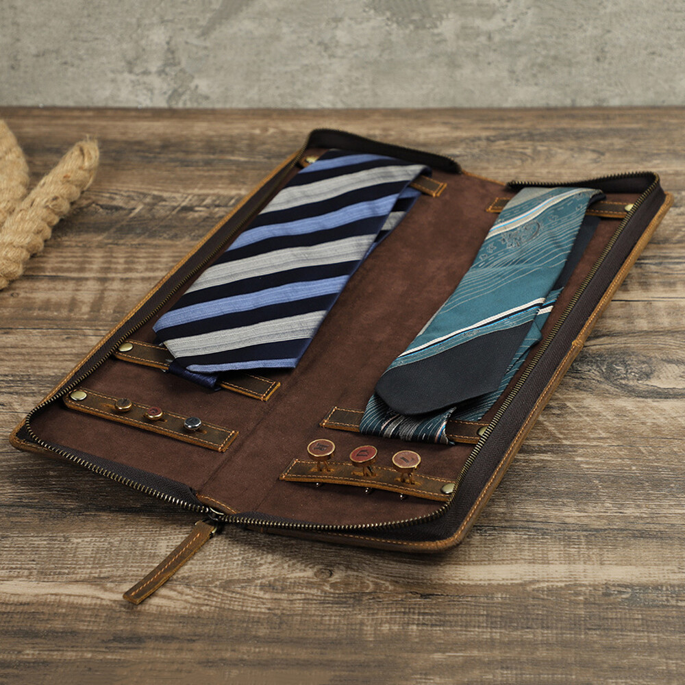 Travel Necktie Box Genuine Leather Ties Storage Pouch Case