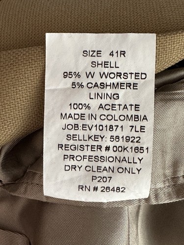 Claiborne Men’s Golden Tan Worsted Wool Cashmere Ventless Blazer Sport Coat 41R - Picture 6 of 6