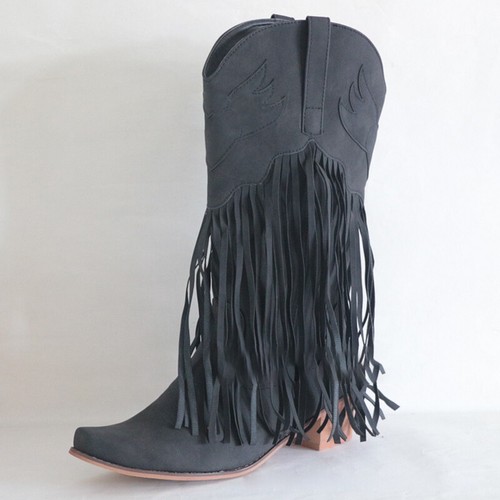 Mujeres Botas Largas Borla Media Pantorrilla Retro Informales Estilo Vaquero Botas Tacón Bajo Cubano - Imagen 13 de 74