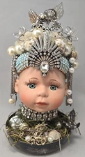 OOAK Doll Head Assemblage Dopamine Art Jeweled Ornate UPCYCLED Mixed Media 8"