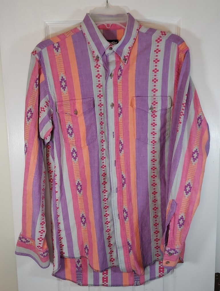 Wrangler Cowboy Cut Western Aztec Button Down Shirt 1… Gem