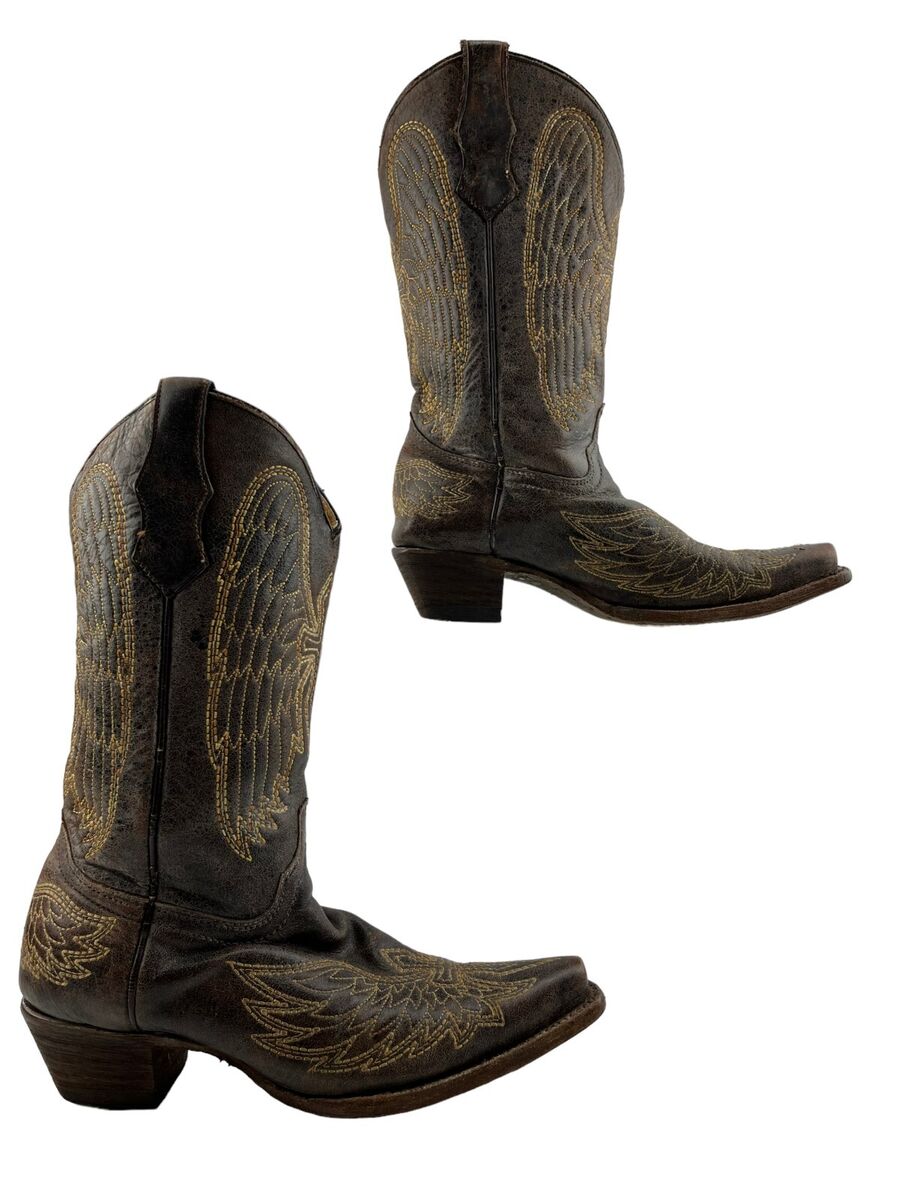Teens Corral Brown Leather Embroidered Cross Angel Wings Western Boots Size 5 T