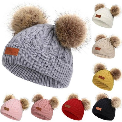Baby Boys Girls Winter Faux Fur Pom Pom Bobble Cap Cable Knitted Beanie Hat - Picture 2 of 20