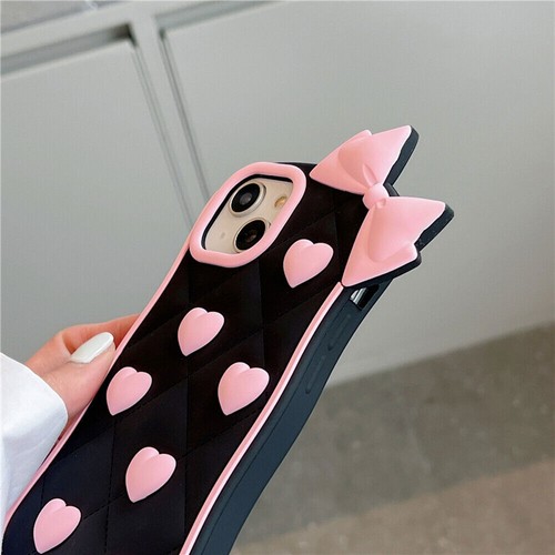 Cute 3D Love Heart Bow Cover for iPhone 13 /14 /15 16 Pro Max Soft Silicone Case - Picture 9 of 14