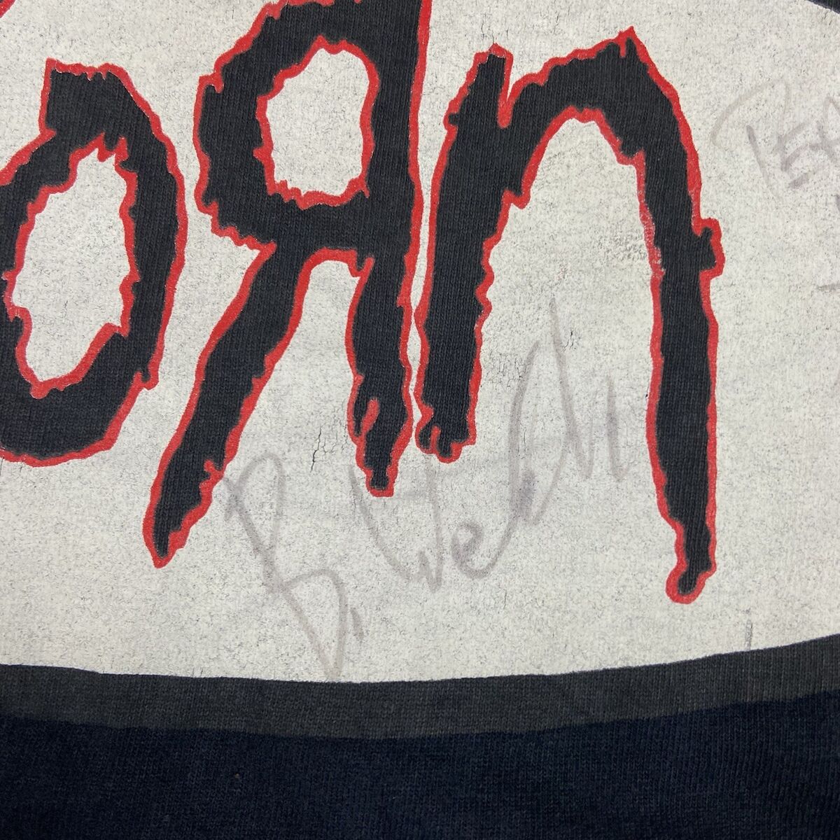SIGNED Vintage 90s Korn Metal Band Striped T-Shirt Black SIGNED Vintage 90s Korn Metal Band Striped T-Shirt Black
