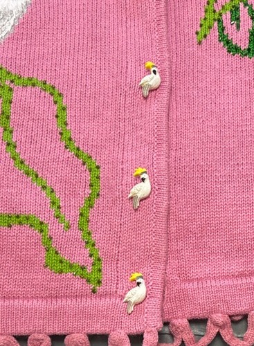 Story Book Knits Pink Parotts, Sequins, Beads, Sweater, Sz lg, Scalloped Trim - Picture 6 of 9