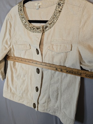 J Jill Beaded Sequin Linen Cotton Jacket Medium Petite Stone Snap Buttons Biege  - Picture 11 of 14