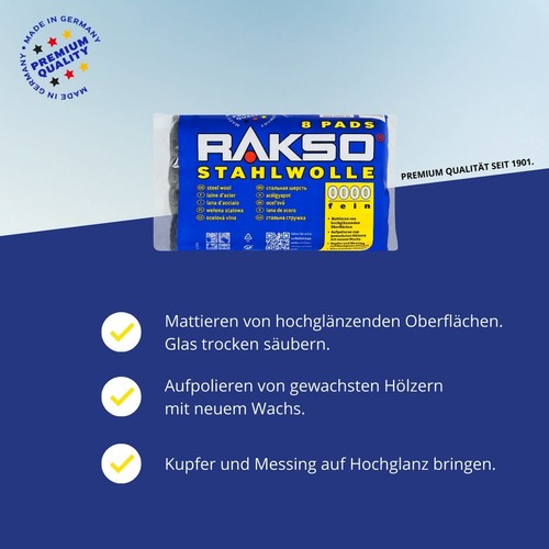 RAKSO Stahlwolle 0000, 000, 00, 0, 1, 2, 3, 4, 5 extrafein, mittel, grob 8 Pads - Bild 25 von 86