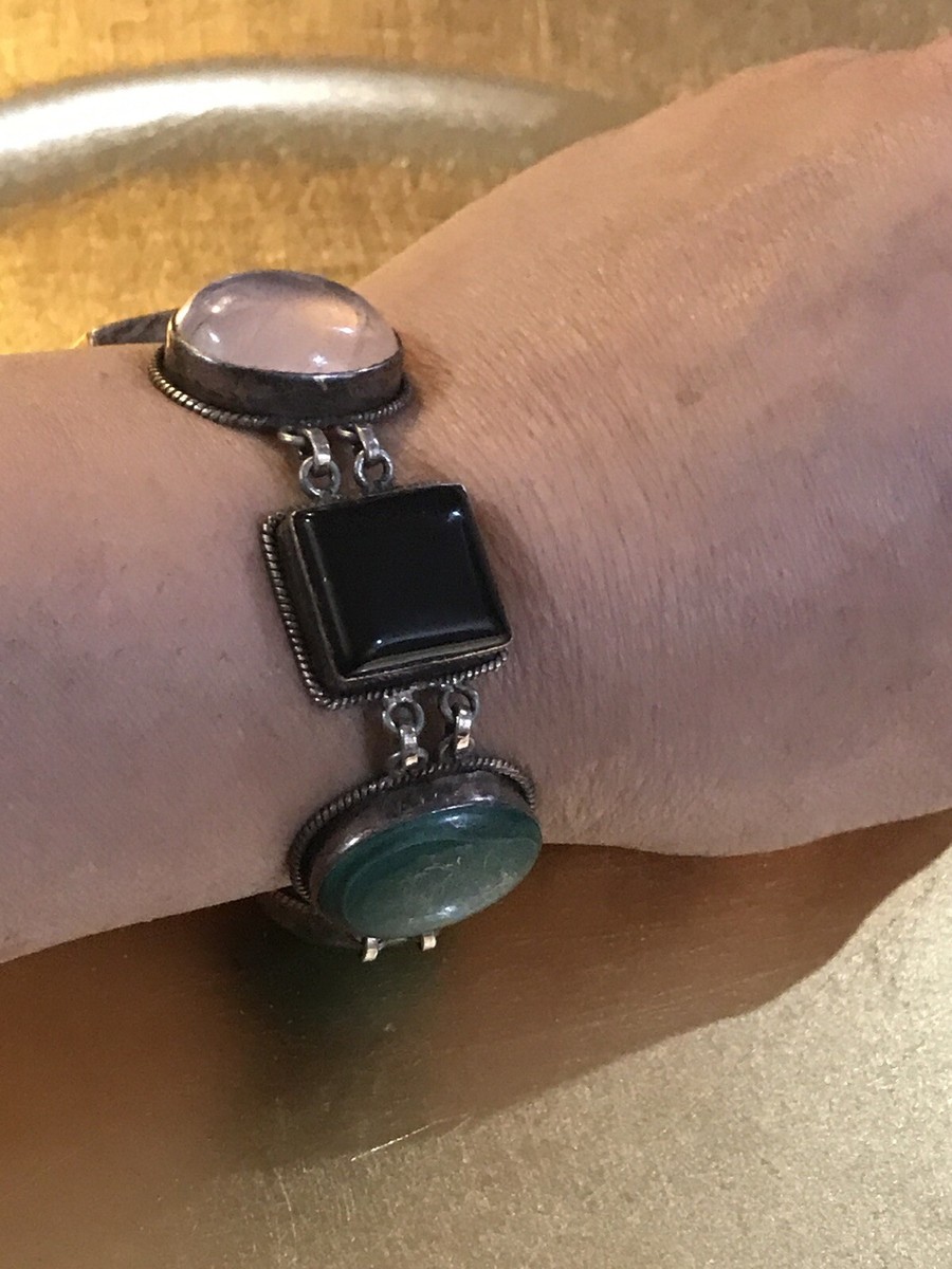 Vintage sterling silver malachite,onyx,pink Quartz& MOP