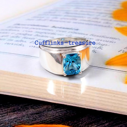 Natural Blue topaz Gemstone with 925 Sterling Silver Ring Ring For Men's #3329 - Picture 1 of 7