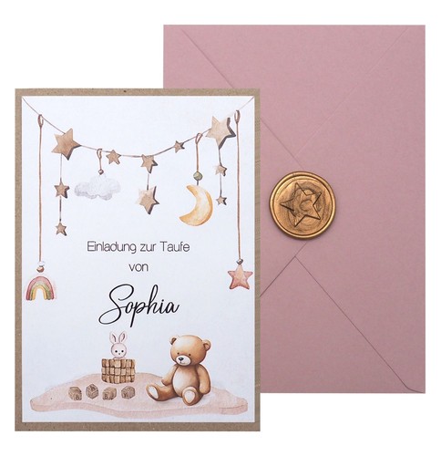 Einladungskarten Set Personalisiert Taufe Geburt Hase Kraft Rosa Altrosa - Bild 1 von 4