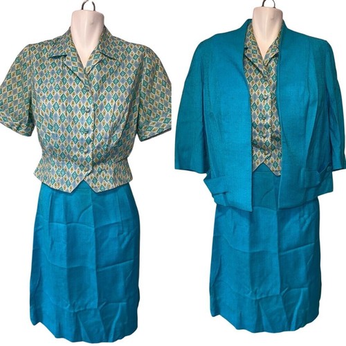 Vintage 60er Edith Martin blau Rauten Kurzarm Bluse Jacke Rock Anzug Small