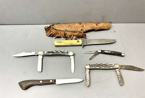 Lot of 5 Vintage Pocket knives Fixed Blade Knife W/Sheath AS IS - Picture 2 of 22