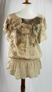 Dressbarn-Womens-Size-Medium-M-Blouse-brown-floral-Peasant-Top-short-sleeve-rose