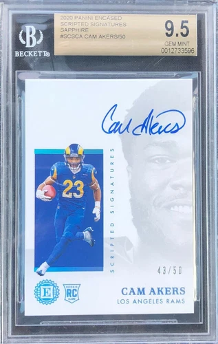 CAM AKERS RC 2020 PANINI ENCASED - SAPPHIRE # 43/50  SCRIPTED SIGNATURES BGS 9.5