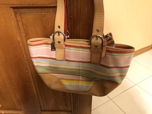 Coach-Striped-Handbag-With-Gold-Leather-And-Brass-amp-Original-Logo-Storage-Bag