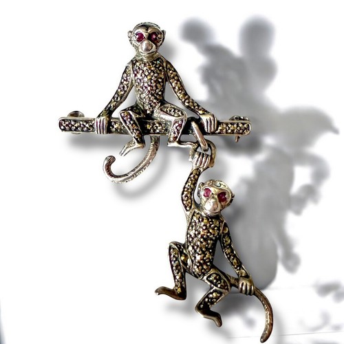 Sterling Silver Monkey Brooch Pin with Ruby Eyes Articulated Vintage 1940s