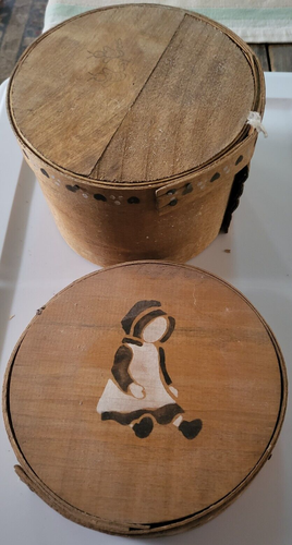 Vintage rustikaler hölzerner runder Käse, Hutbox Folk Country kleines Bauernhausmädchen - Bild 5 von 8