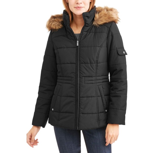 Faded Glory Women's Quilted Puffer Jacket with Fur-Trim Hood, Black ...