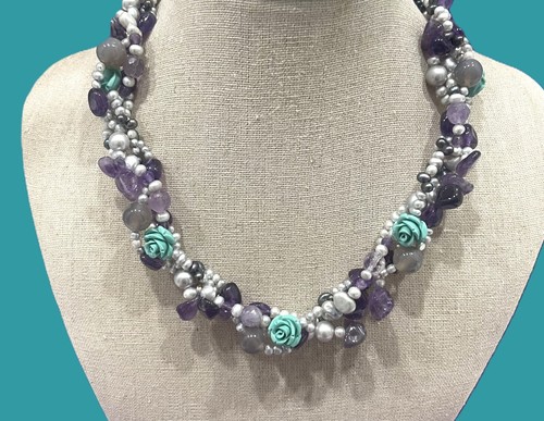 4 ROW AMETHYST, PEARL, AGATE, TURQ NECKLACE W/CARVED ROSES & STERLING SILVER - Picture 2 of 8