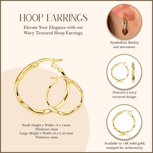 14K Yellow Gold Wavy Textured Hoop Earrings (S/L) - 第 5/5 張圖片