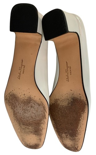 Ferragamo White Beige Leather Heels Low Chunky 1.5" Heel Italy Size 6AA I10067 - Picture 8 of 13