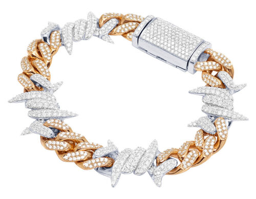 Rose / White Gold Thorn Cuban 9.5CT Real Diamond Bracelet 8" 11MM - Afbeelding 1 van 5