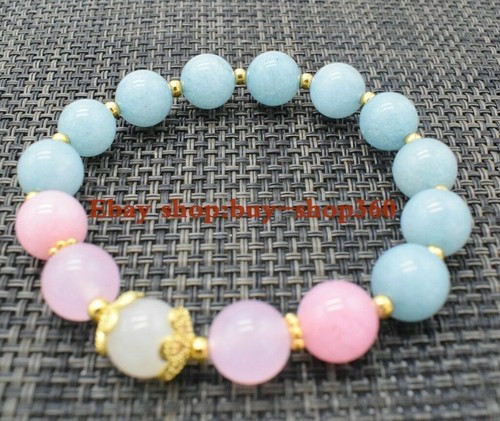Pretty 10mm Blue Aquamarine & Pink Quartz Gemstone Beads Bracelet 7.5'' AAA+ - Picture 5 of 12