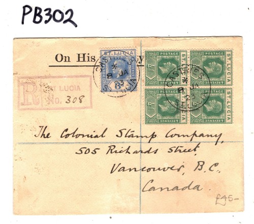 ST LUCIA Cover Registered ½d Block{4} CANADA Vancouver Philately 1923 PB302 - Picture 5 of 6