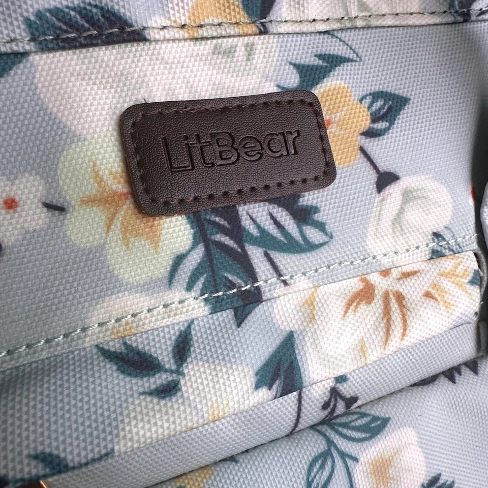 LitBear Light Blue Floral Diaper Bag Multiple Compartments Full Zip Backpack NEW - Image 2 of 4
