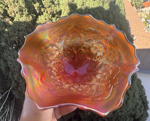 NORTHWOOD BLOSSOMTIME DEEP MARIGOLD CARNIVAL GLASS FTD COMPOTE W/WILD FLOWER EXT - Picture 11 of 11