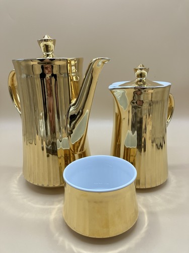 Royal Worcester Gold Lustre caffettiera brocca acqua calda zuccheriera porcellana scanalata - Foto 1 di 24