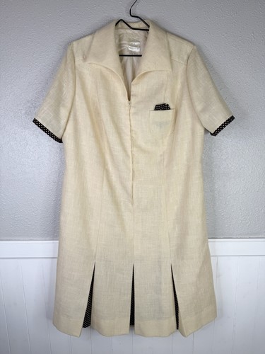 VTG Housekeeping Uniform Cream Dress Brown Polka Dot Pleats Maid Hospital XL - Picture 1 of 12