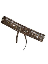 Betty Bottom Brown Satin Wood Beaded Hanging 70s Charms Adjustable Boho Belt