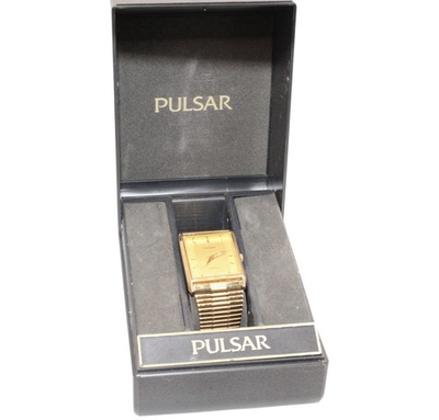 #ad Beautiful Vintage Men’s Pulsar Gold Tone Watch WORKS In BOX $79.99