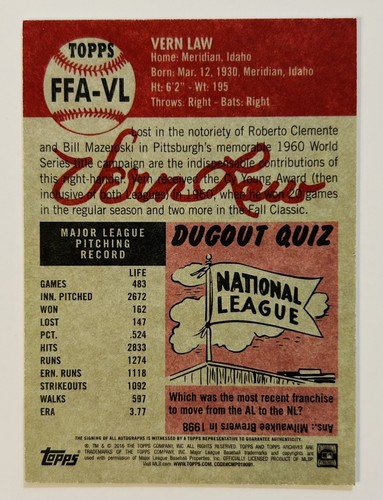 Vern Law 2016 Topps Archives Fan Favorites On Card Auto Pirates - Picture 2 of 2