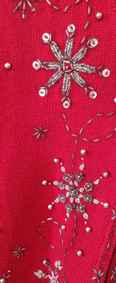 Vintage Christmas Sweater Vest Cardigan Womens L Large Red Snowflakes Beadsled - Image 4 of 4