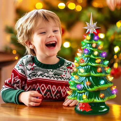 13 Inch Ceramic Christmas Tree, Pre-Lit Tabletop Christmas Tree with Multicolore - Picture 2 of 7