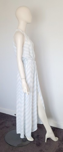 Witchery Size 12 White & Pale Blue Geo Striped Sleeveless Maxi Dress Front Slit - Picture 7 of 11