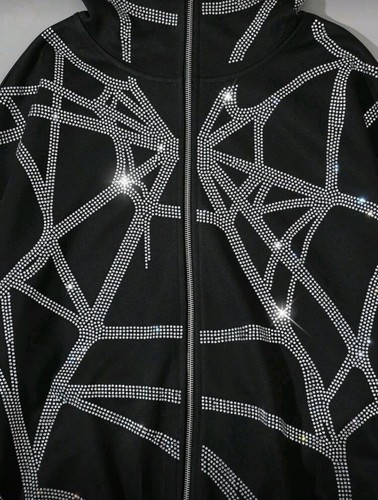 Nuevo Hombres Mujeres Diamante Araña Estrás Moda Gótica Negro Sudadera con Capucha Cremallera Chaqueta - Imagen 2 de 6