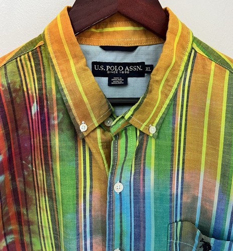 RARE Polo Assn Men’s Stripe Tie Dye Rainbow Button-Up Short Sleeve Shirt Size XL - Picture 3 of 9
