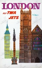 Vintage 1960 London Fly TWA Jets Travel Poster Wall Art Print Retro USA