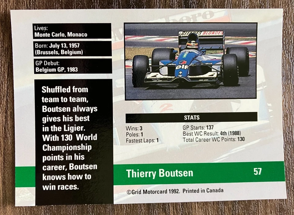 Thierry Boutsen #57 Ligier - 1992 Grid Formula 1 F1 Vintage Portrait Card CLEAN - Image 2 of 2