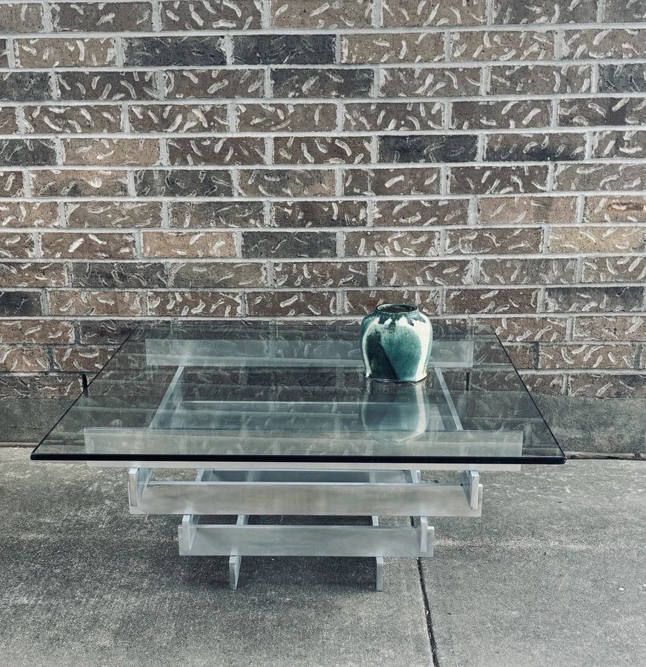 Hermosa mesa de centro apilada de vidrio de aluminio Paul Mayen moderna de mediados de siglo MCM Foto 4 de 4