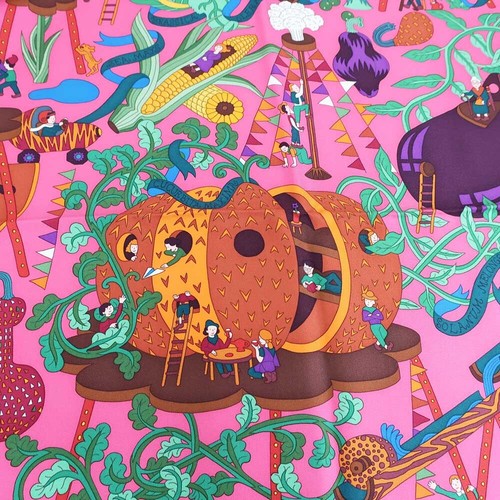 Hermes Carre 90 Mysterious Vegetable Garden Dwarf World Scarf Pink Yellow Silk - Picture 3 of 10