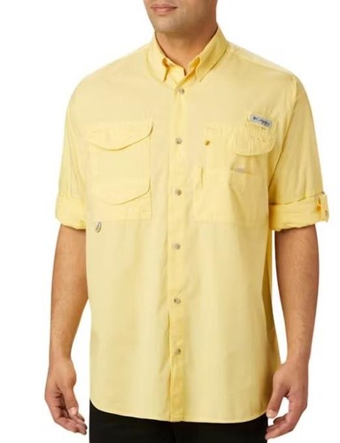 Yellow Mens Sz Large Button Up Vented PFG BONEHEAD Short Sleeve Shirt COLUMBIA - Picture 2 of 5